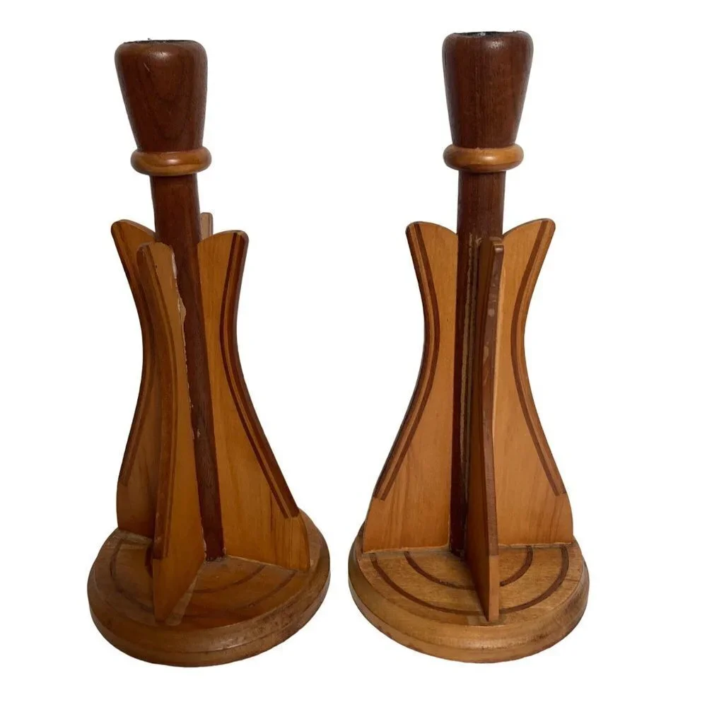 Pair Vintage Mid Century Wood Inlay Candle holders Scandinavian 10 inch